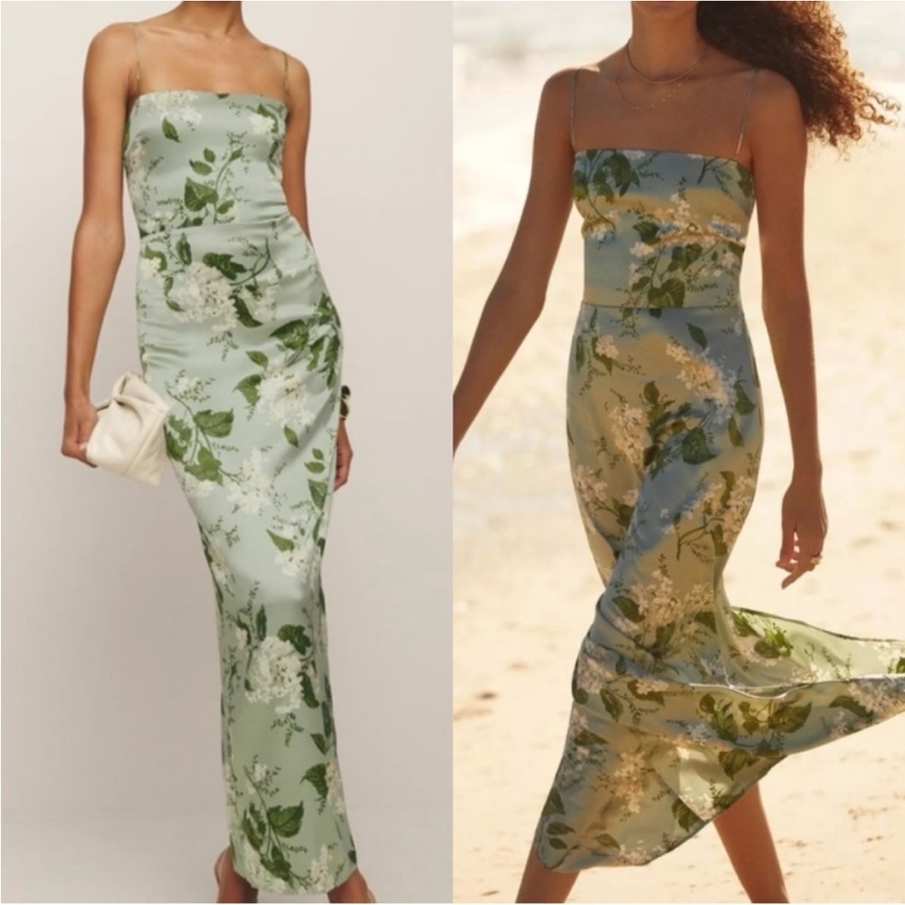 New Reformation Frankie 100% Silk Maxi Dress Tea Garden Green Floral 20